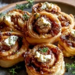 Fig and Goat Cheese Pinwheels served on a plate with fresh thyme, showcasing flaky pastry, caramelized fig filling, and creamy goat cheese.