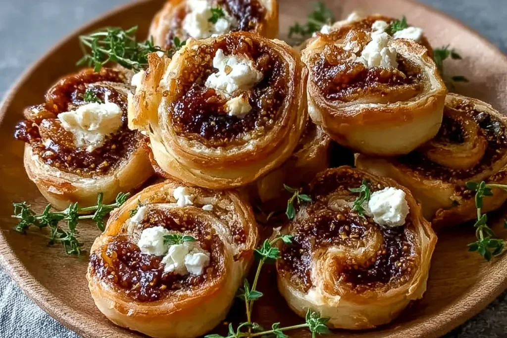 Fig and Goat Cheese Pinwheels stacked on a wooden plate with fresh thyme, showing flaky pastry, rich fig filling, and creamy goat cheese.