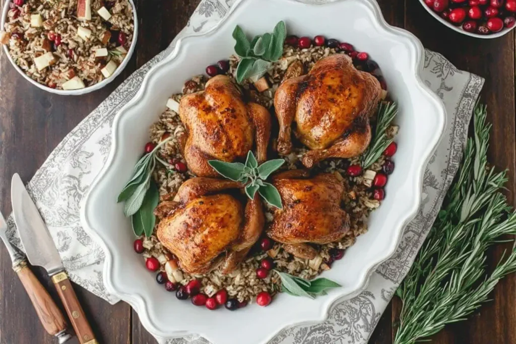 Cornish Hens with Apple-Cranberry Rice Stuffing served on a white platter with fresh herbs, cranberries, and rice stuffing – a festive holiday meal.