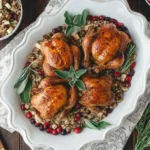 Cornish Hens with Apple-Cranberry Rice Stuffing served on a white platter with fresh herbs, cranberries, and rice stuffing – a festive holiday meal.