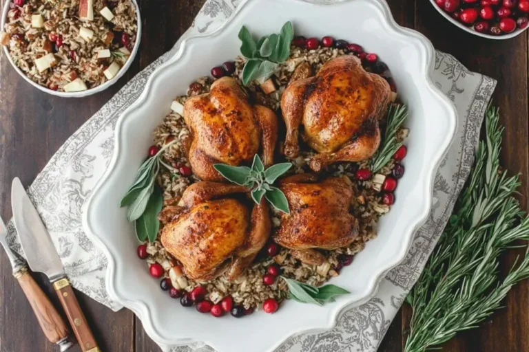 Cornish Hens with Apple-Cranberry Rice Stuffing served on a white platter with fresh herbs, cranberries, and rice stuffing – a festive holiday meal.