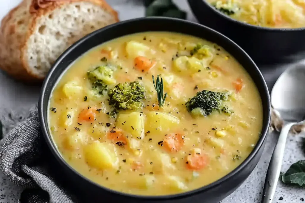 Creamy Broccoli Potato Cheese Soup in a black bowl with carrots, potatoes, and broccoli florets, served with crusty bread.