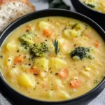 Creamy Broccoli Potato Cheese Soup in a black bowl with carrots, potatoes, and broccoli florets, served with crusty bread.