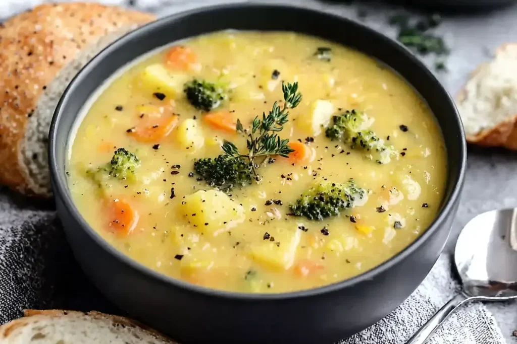 Creamy Broccoli Potato Cheese Soup in a black bowl with broccoli florets, carrots, and potatoes, served with slices of fresh bread.