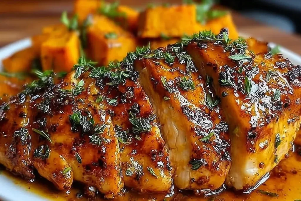 Close-up of Maple-Glazed Chicken with Sweet Potatoes topped with fresh herbs and a glossy maple Dijon glaze.
