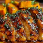 Close-up of Maple-Glazed Chicken with Sweet Potatoes topped with fresh herbs and a glossy maple Dijon glaze.
