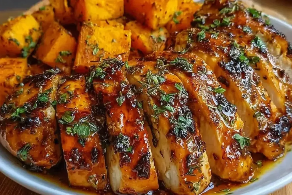 Sliced Maple-Glazed Chicken with Sweet Potatoes drizzled in a rich maple Dijon glaze and sprinkled with fresh herbs.