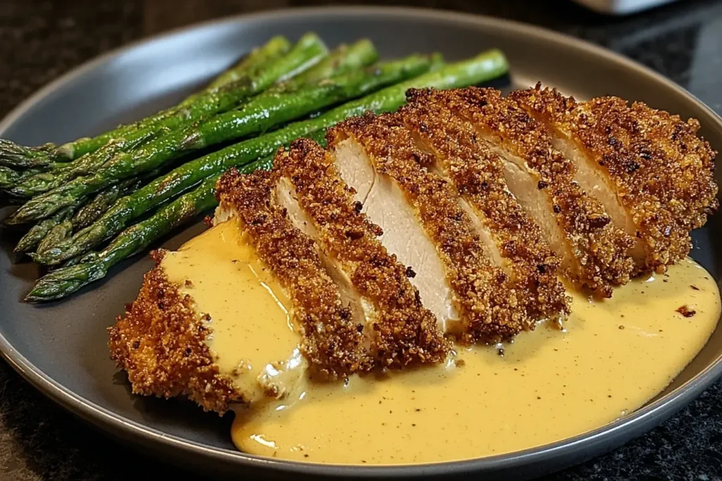 Crispy Pretzel Crusted Chicken with Cheddar Mustard Sauce served with roasted asparagus on a plate.