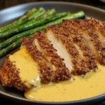 Crispy Pretzel Crusted Chicken with Cheddar Mustard Sauce served with roasted asparagus on a plate.