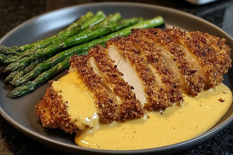 Crispy Pretzel Crusted Chicken with Cheddar Mustard Sauce served with roasted asparagus on a plate.