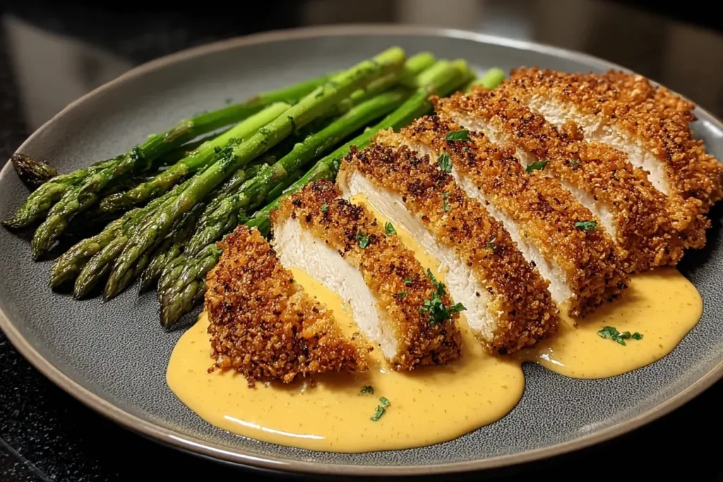 Crispy Pretzel Crusted Chicken with Cheddar Mustard Sauce served with roasted asparagus on a dark plate.