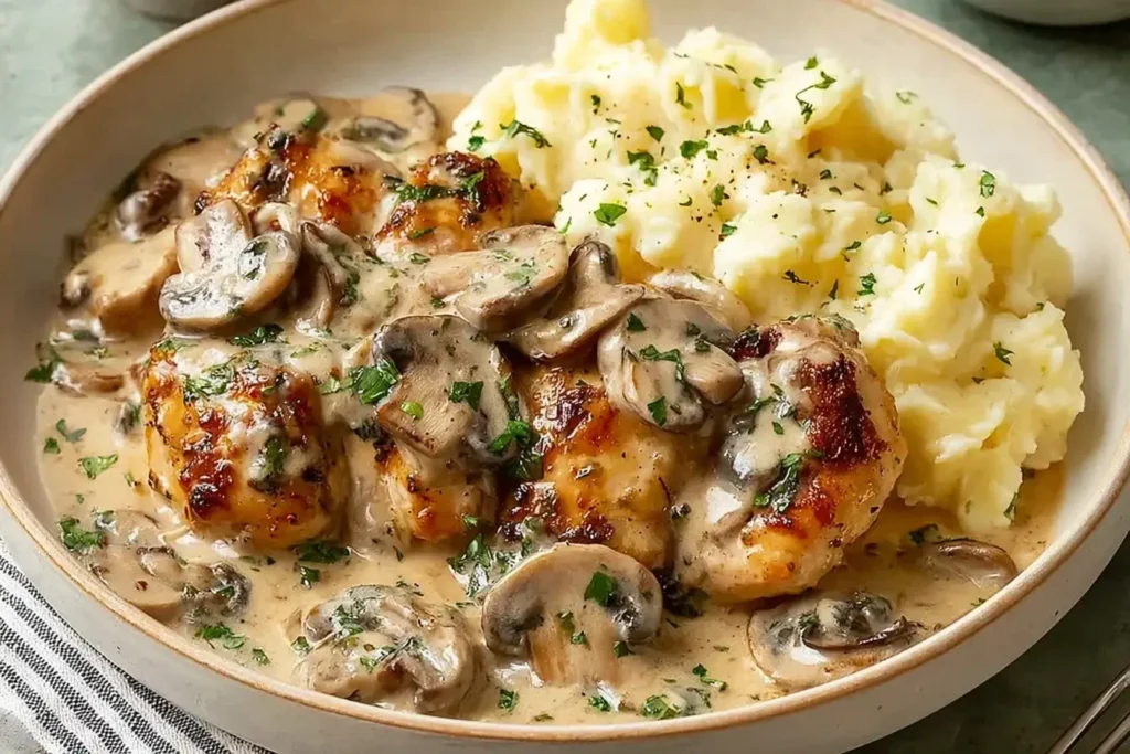 Rich Chicken Stroganoff served with creamy mashed potatoes and mushrooms in a rich, savory sauce.