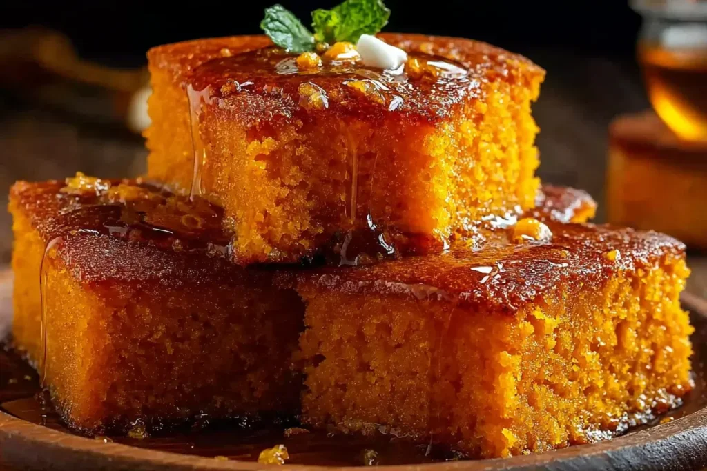 Close-up of Honey Butter Sweet Potato Cornbread slices drizzled with golden honey and topped with a pat of butter and fresh mint.