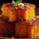 Close-up of Honey Butter Sweet Potato Cornbread slices drizzled with golden honey and topped with a pat of butter and fresh mint.