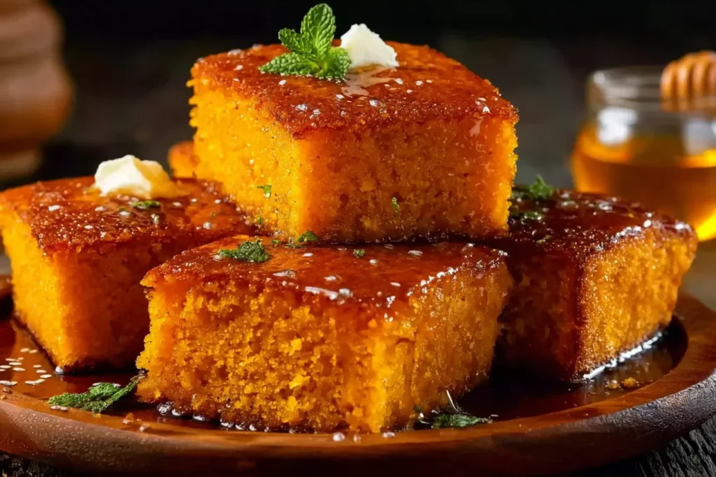Moist and golden Honey Butter Sweet Potato Cornbread slices topped with melted butter and honey drizzle on a rustic wooden plate.