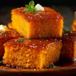 Moist and golden Honey Butter Sweet Potato Cornbread slices topped with melted butter and honey drizzle on a rustic wooden plate.