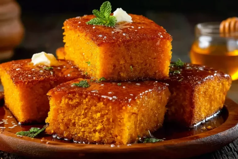 Moist and golden Honey Butter Sweet Potato Cornbread slices topped with melted butter and honey drizzle on a rustic wooden plate.