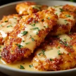 Golden-brown Lemon Pecorino Crispy Chicken drizzled with creamy lemon sauce and topped with fresh herbs on a serving plate.