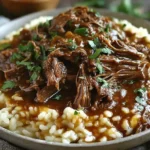 Slow Braised Pot Roast served over creamy Parmesan risotto, topped with rich tomato sauce and fresh parsley for the perfect comfort meal.