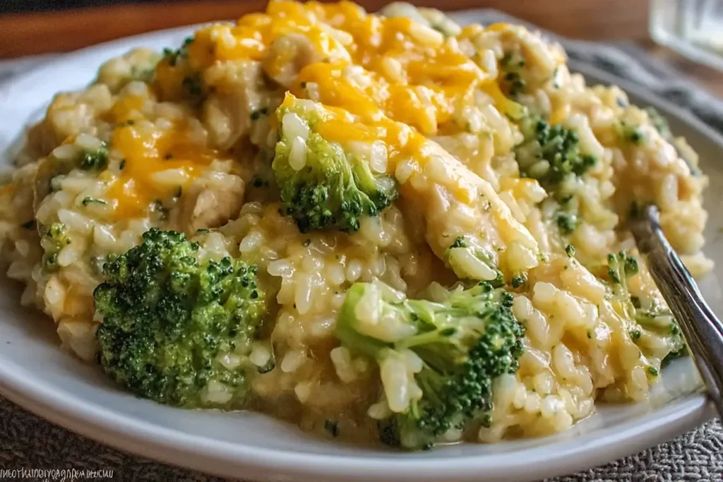 Crockpot Cheesy Chicken Broccoli Rice served creamy with tender broccoli, melted cheddar, and fluffy rice on a plate.