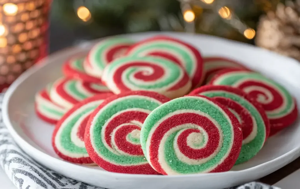 Colorful Christmas Pinwheel Cookies with red, green, and white swirls arranged on a holiday plate.
