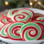 Colorful Christmas Pinwheel Cookies with red, green, and white swirls arranged on a holiday plate.