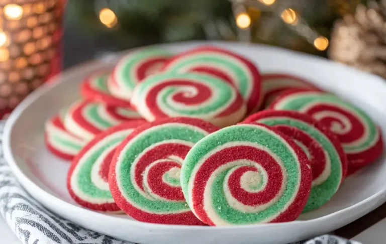 Colorful Christmas Pinwheel Cookies with red, green, and white swirls arranged on a holiday plate.