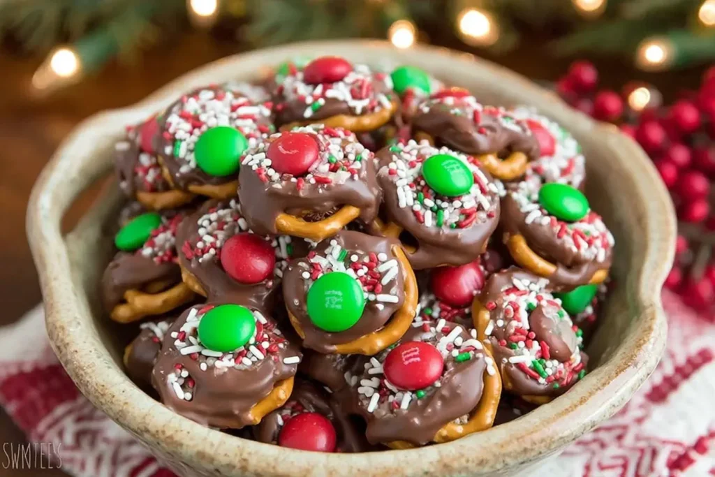 Bowl of Rolo Pretzels with M&M Candies topped with Christmas sprinkles.