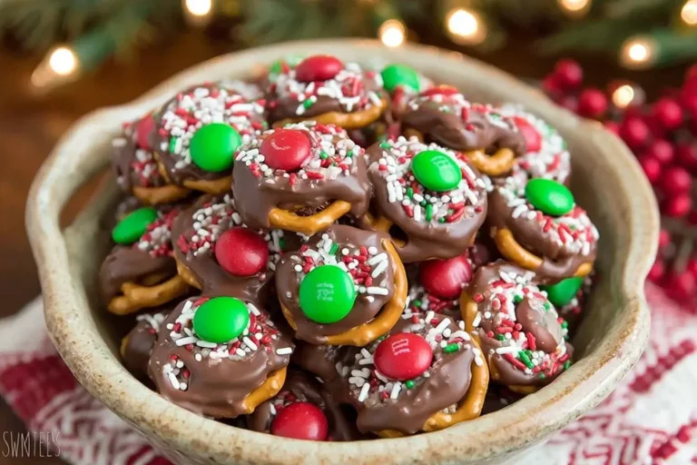 Bowl of Rolo Pretzels with M&M Candies topped with Christmas sprinkles.