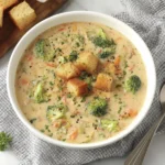 Creamy Smoked Gouda Broccoli Soup served in a white bowl topped with croutons and fresh herbs.
