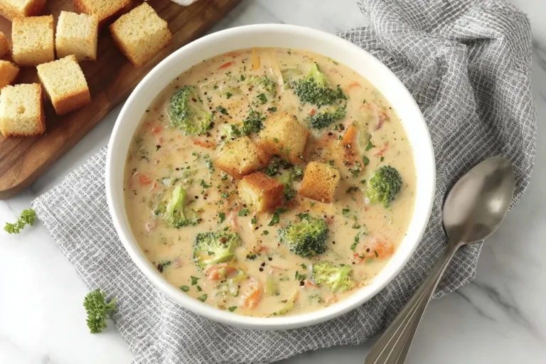 Creamy Smoked Gouda Broccoli Soup served in a white bowl topped with croutons and fresh herbs.