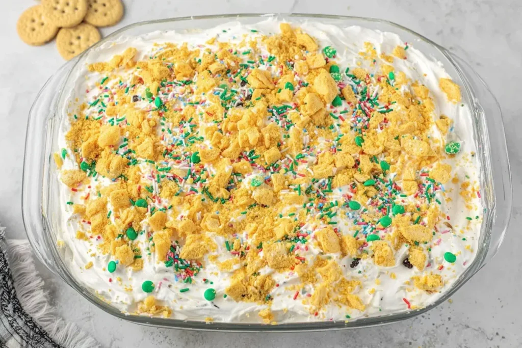 No Bake Christmas Cookie Lush topped with crushed cookies, whipped cream, and festive holiday sprinkles in a glass dish.