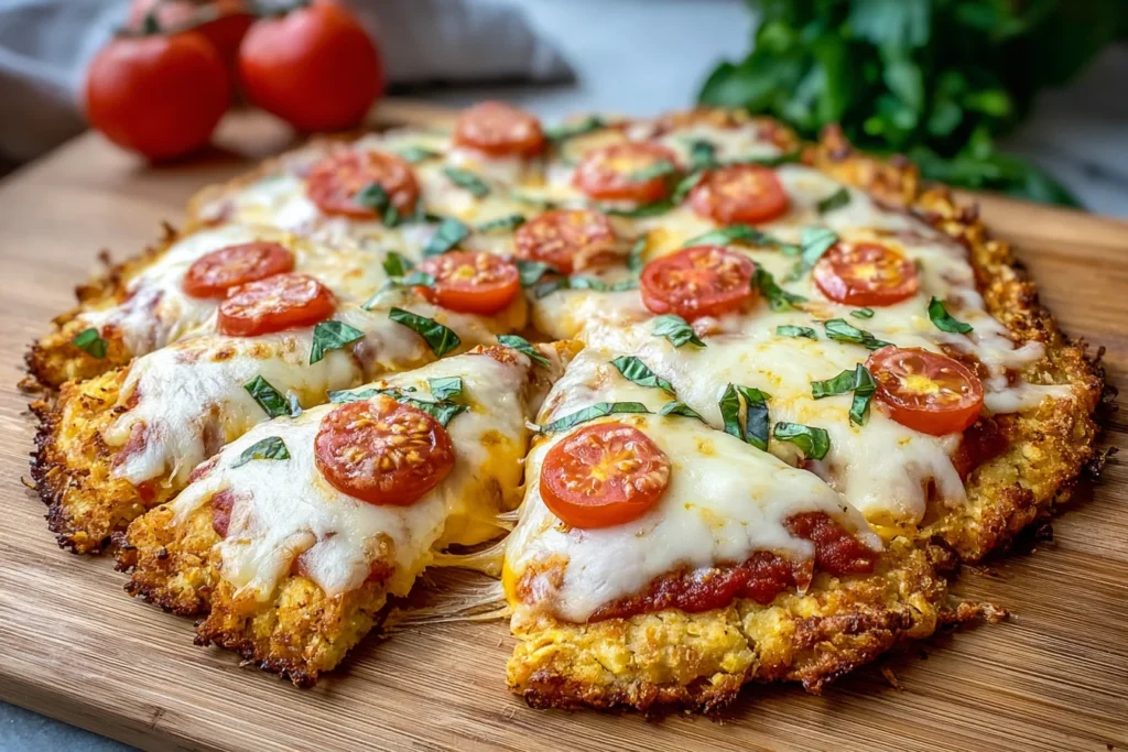 Chicken Crust Pizza with melted mozzarella, cherry tomatoes, and fresh basil on a wooden board.