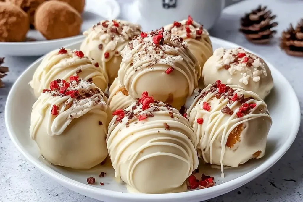 Gingerbread Truffles coated in white chocolate and topped with festive sprinkles on a holiday dessert plate