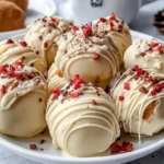 Gingerbread Truffles coated in white chocolate and topped with festive sprinkles on a holiday dessert plate