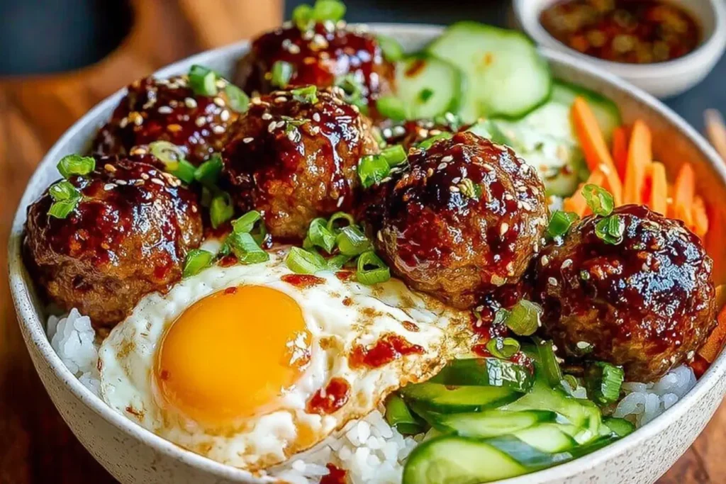 Korean BBQ Meatball Rice Bowls with glazed beef meatballs, fried egg, and fresh vegetables over white rice, topped with sesame seeds and green onions.