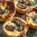 Mini Mushroom and Gruyère Pot Pies with Thyme baked in golden puff pastry with creamy mushroom filling and fresh thyme garnish.