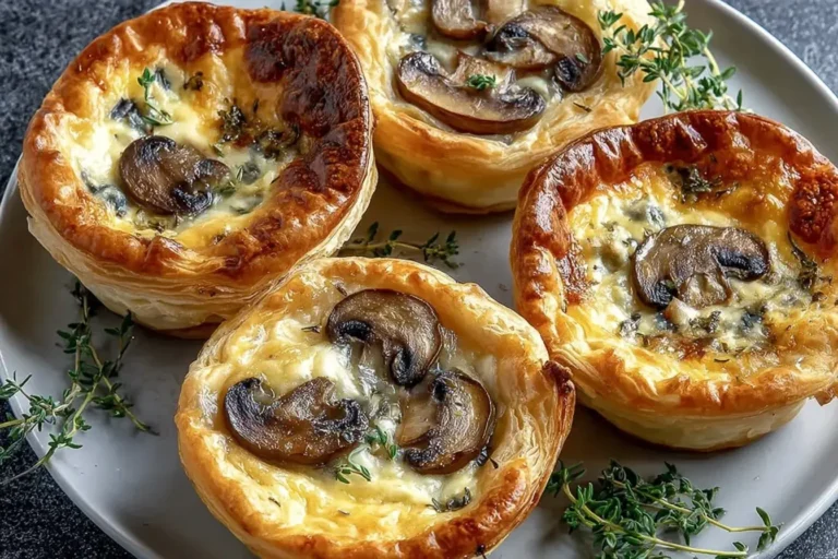 Mini Mushroom and Gruyère Pot Pies with Thyme baked in golden puff pastry with creamy mushroom filling and fresh thyme garnish.