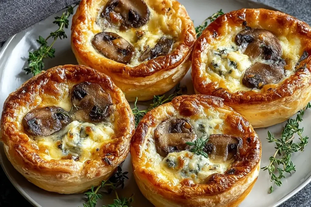 Mini Mushroom and Gruyère Pot Pies with Thyme featuring golden puff pastry, sautéed mushrooms, and creamy Gruyère filling served with fresh thyme.