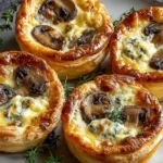 Mini Mushroom and Gruyère Pot Pies with Thyme featuring golden puff pastry, sautéed mushrooms, and creamy Gruyère filling served with fresh thyme.