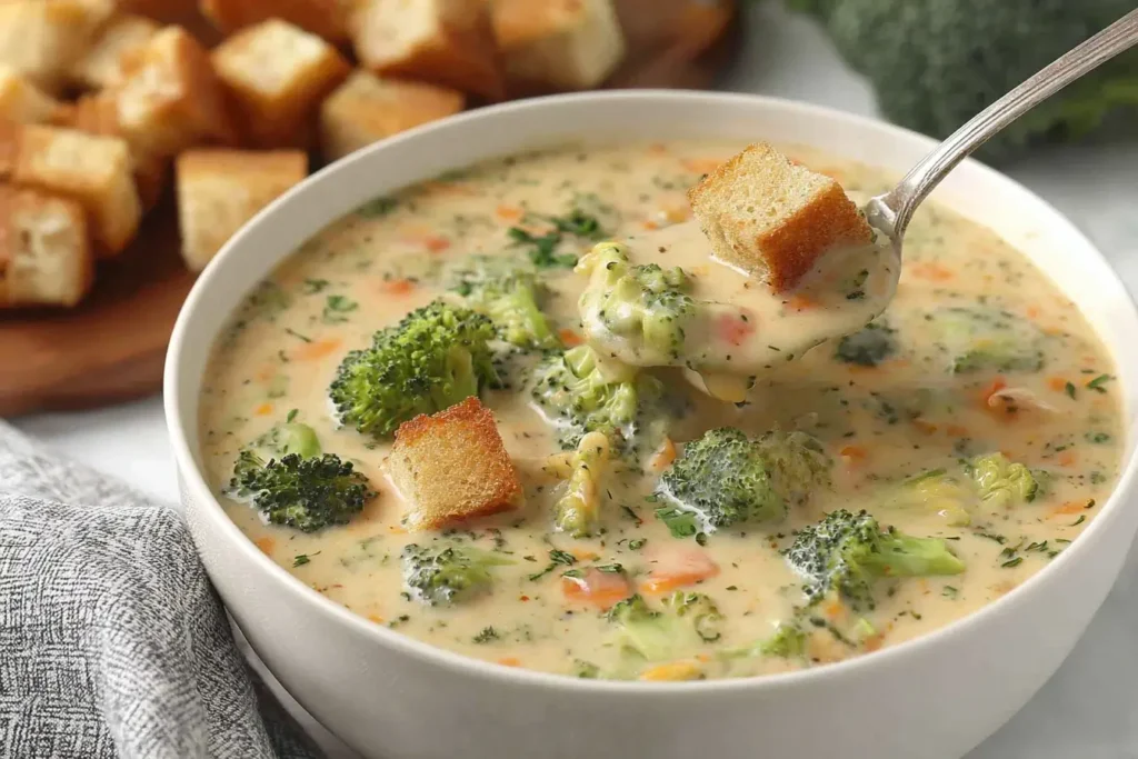 Creamy Smoked Gouda Broccoli Soup with croutons being lifted on a spoon from a white bowl.