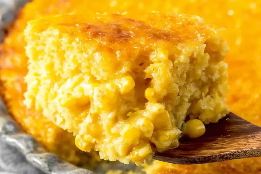 A creamy, golden slice of Paula Deen’s Corn Casserole with whole corn kernels on a wooden spoon.