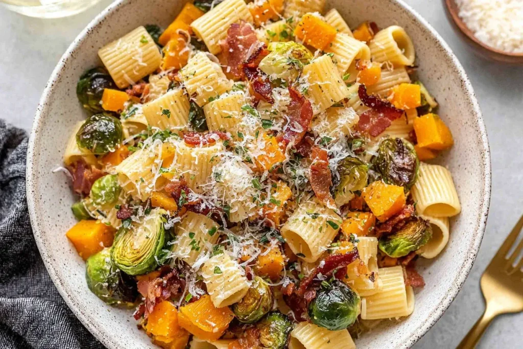 Brussels Sprouts and Butternut Squash Pasta with bacon and Parmesan in a bowl.