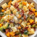 Brussels Sprouts and Butternut Squash Pasta with bacon and Parmesan in a bowl.