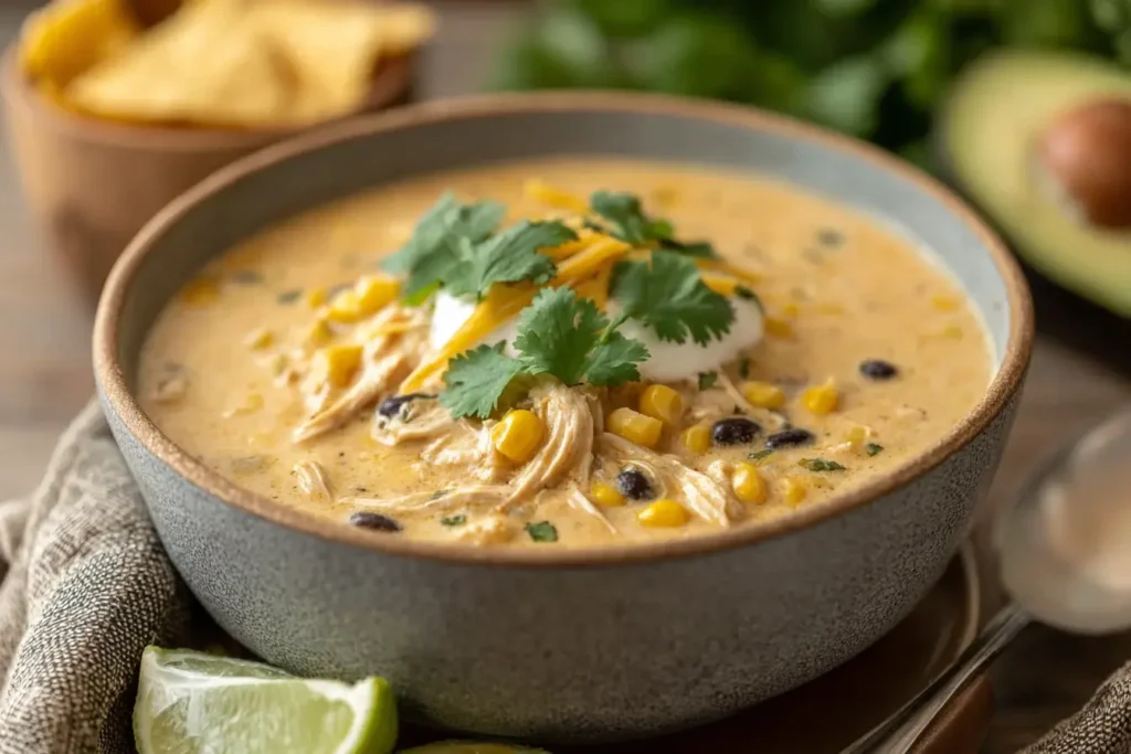 Crockpot Mexican Street Corn and Chicken Chowder in a bowl topped with cilantro, cheese, and sour cream, with corn and black beans visible.