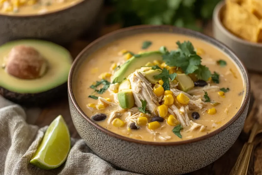 Crockpot Mexican Street Corn and Chicken Chowder topped with avocado, cilantro, corn, and black beans in a rustic bowl.