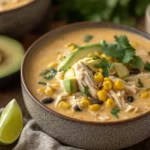 Crockpot Mexican Street Corn and Chicken Chowder topped with avocado, cilantro, corn, and black beans in a rustic bowl.
