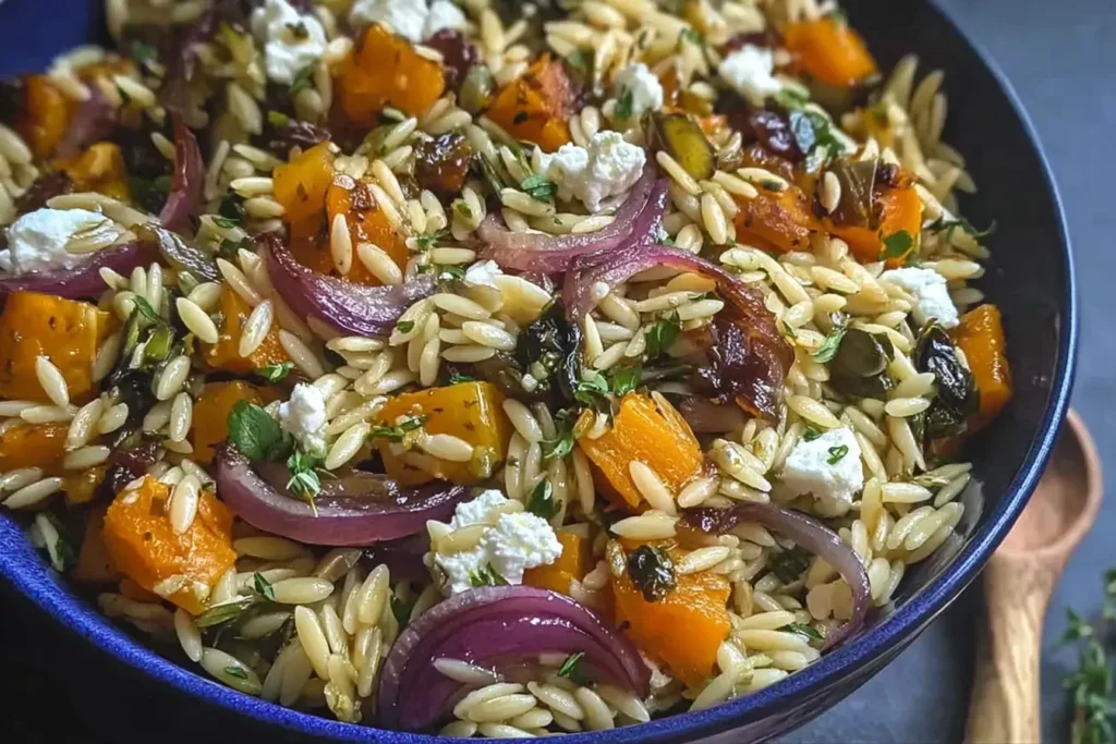 Fall Harvest Orzo Salad with roasted butternut squash, caramelized red onions, Brussels sprouts, and creamy goat cheese tossed in maple balsamic dressing.