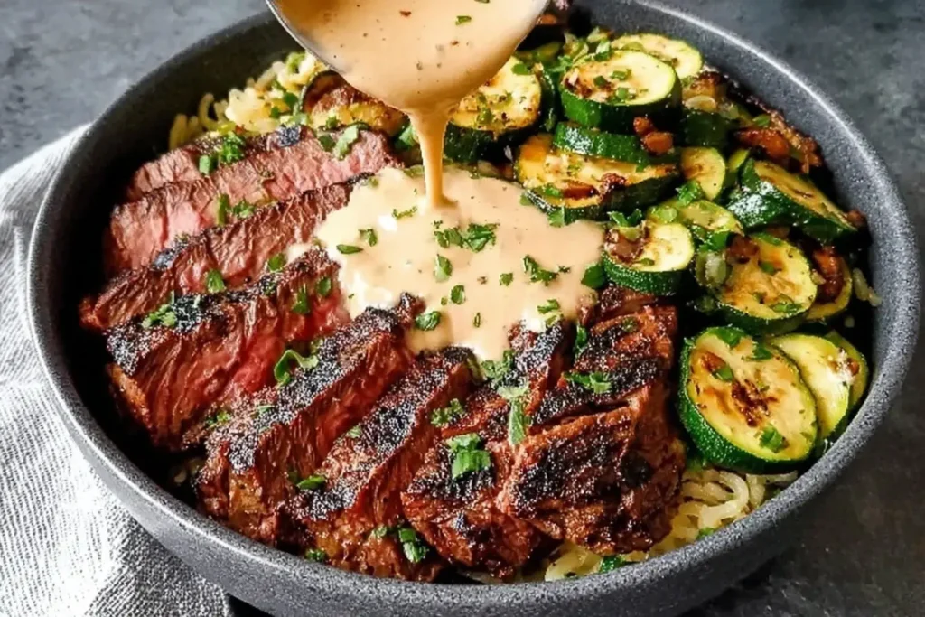 Grilled Steak Bowl with Sauce and Zucchini topped with creamy herb sauce poured over sliced steak and grilled zucchini