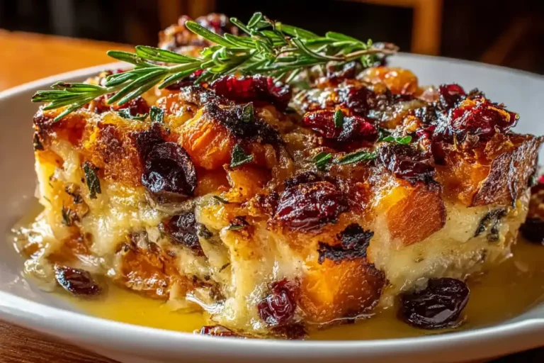 Close-up of Sweet Potato and Cranberry Gratin showcasing golden crispy edges, melted cheese, tart cranberries, and fresh herbs for a festive, comforting side dish.